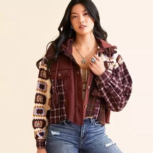 Miss Me Pieced Plaid Floral Patchwork Wool Blend Crop Jacket Coat Size L